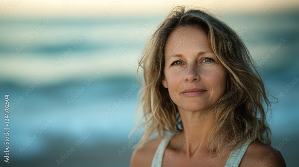 Portrait of middle-aged woman with wavy blonde hair smiling against serene ocean backdrop at Zuma Beach Malibu California during sunset Portrait of middle-aged woman with wavy blonde hair smiling against serene ocean backdrop at Zuma Beach Malibu California during sunset