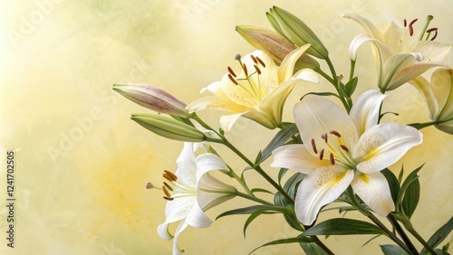 Delicate watercolor lilies in shades of white and yellow against a soft yellow background, delicate petals, soft colors, watercolor painting, lilies