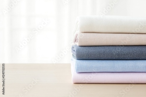 neatly folded stack of colorful fabrics in varying textures arranged on wooden table with soft natural lighting