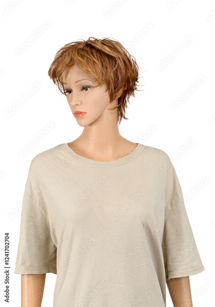 Female Mannequin In Worn blank Tee Shirt Looking Away Female Mannequin In Worn blank Tee Shirt Looking Away