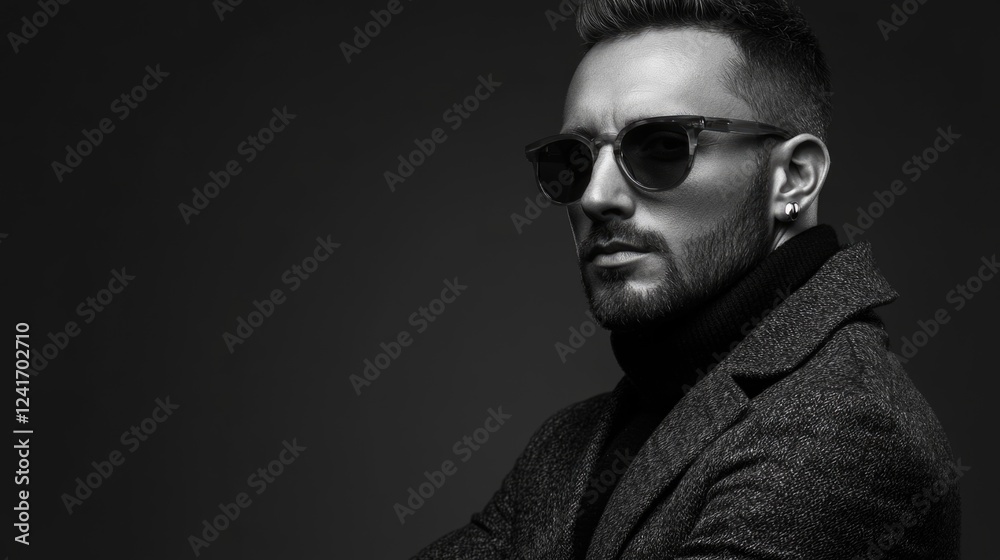 Obraz premium Stylish confident man with short hair wearing sunglasses and a dark coat in a dramatic black and white studio fashion portrait against a neutral background