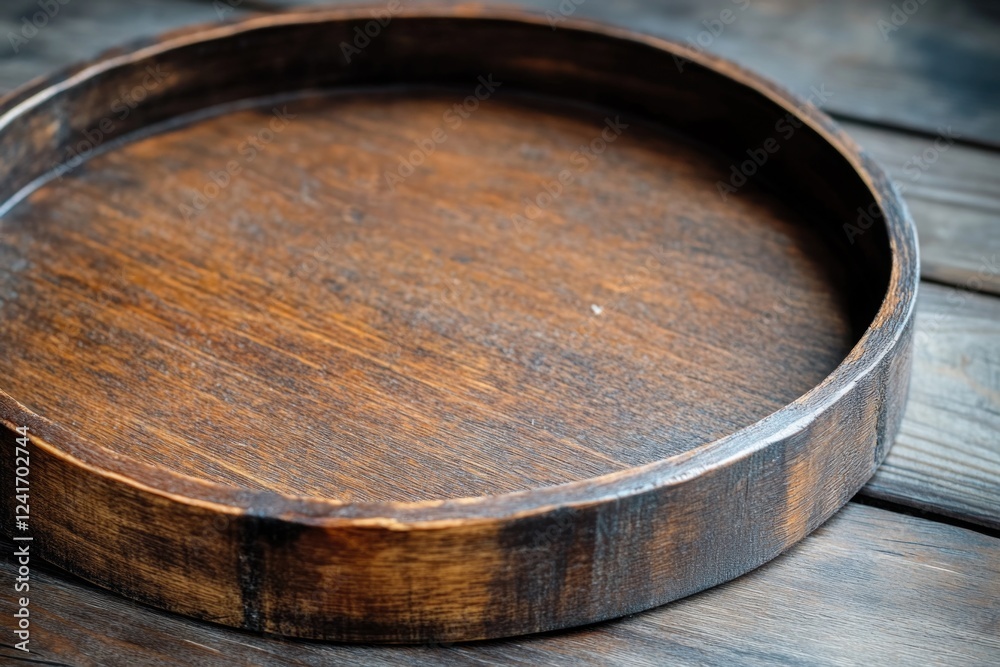 Fototapeta premium A wooden tray sits atop a wooden table
