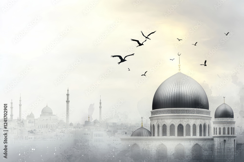 Obraz premium Majestic Mosque in a Misty Morning: A Stunning Architectural Masterpiece