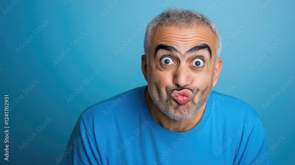 Fototapeta premium Middle-aged Arab man in bright blue t-shirt making comical fish face expression against soft blue background showcasing humor and playfulness
