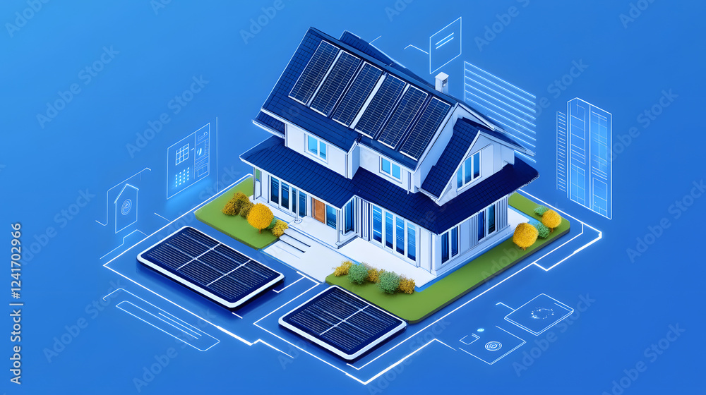Naklejka premium Smart home with energy-saving solar panels and storage systems that enable efficient and eco-friendly energy consumption.