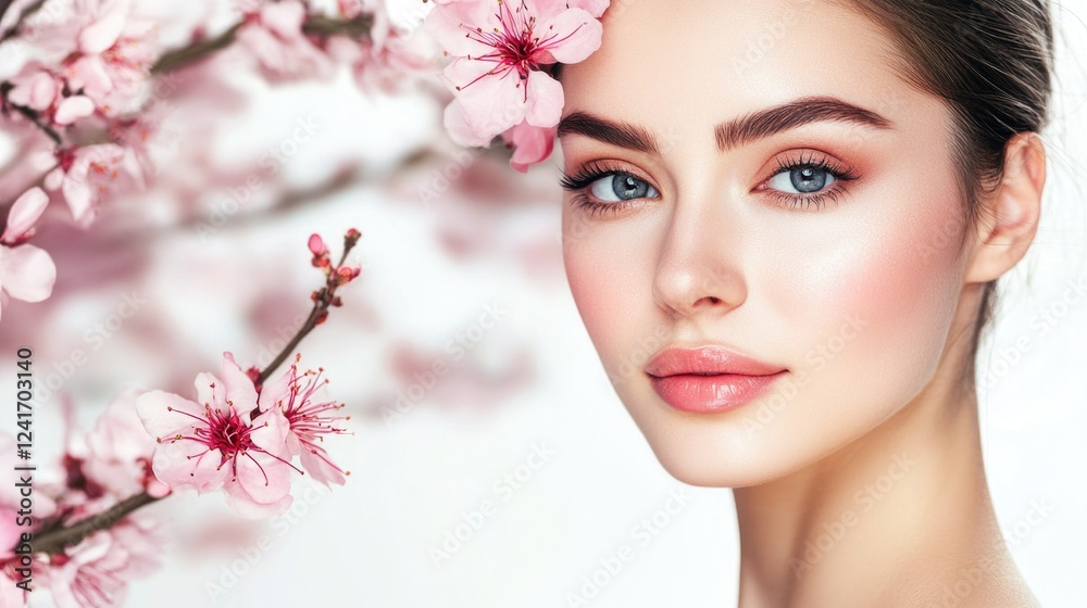 Young Asian woman with smooth fair skin adorned with delicate pink cherry blossoms on a white background showcasing beauty and skincare concepts. Young Asian woman with smooth fair skin adorned with delicate pink cherry blossoms on a white background showcasing beauty and skincare concepts.