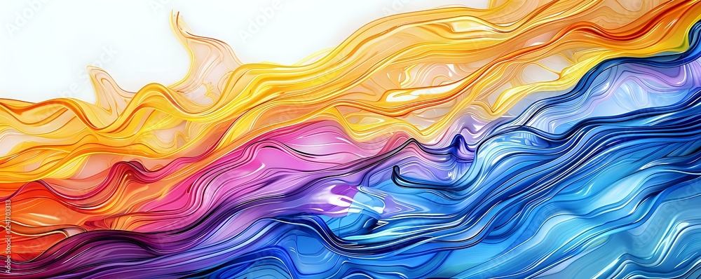 Vibrant flowing waves of orange, yellow, pink, and blue colors create dynamic abstract background with fluid motion effect. Seamless panoramic art for design projects. Vibrant flowing waves of orange, yellow, pink, and blue colors create dynamic abstract background with fluid motion effect. Seamless panoramic art for design projects.