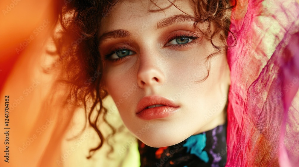 Obraz premium Close-up of young woman with curly hair and vibrant dress, surrounded by colorful fabric drapes, vivid orange, pink, and purple tones, studio setting.