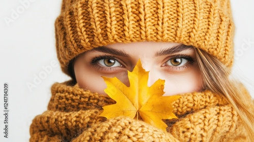 Young woman with golden brown eyes wearing a cozy knitted autumn hat and scarf, holding a vibrant yellow maple leaf against a white background, conveying fall skin care tips and beauty concepts. photo