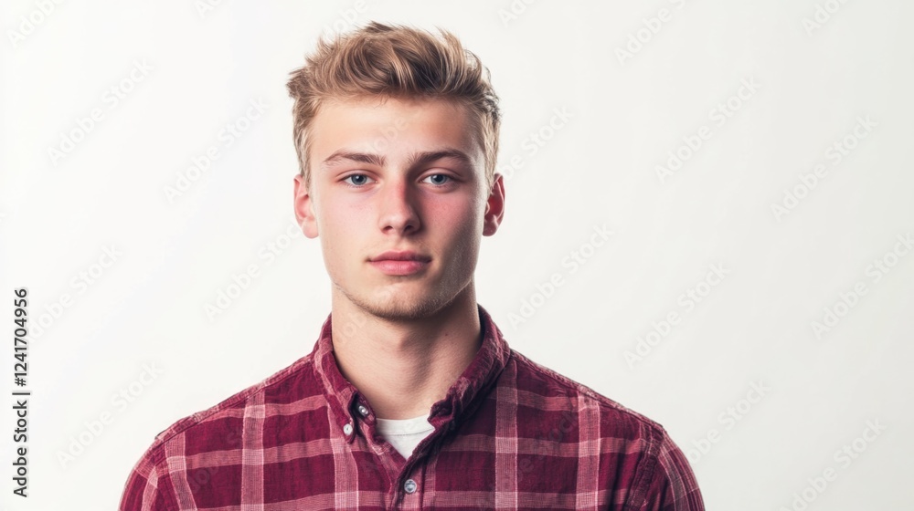Handsome young man with light brown hair wearing a red plaid shirt, standing against a bright white background, exuding confidence and style. Handsome young man with light brown hair wearing a red plaid shirt, standing against a bright white background, exuding confidence and style.