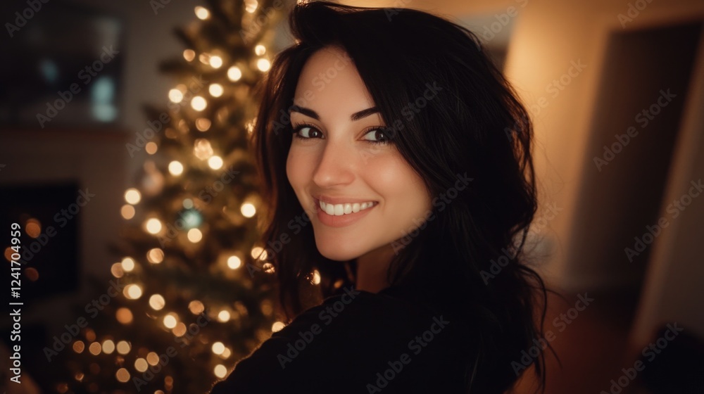 Joyful woman with dark hair smiling while taking selfies near a beautifully decorated Christmas tree illuminated with warm golden lights in a cozy indoor setting. Joyful woman with dark hair smiling while taking selfies near a beautifully decorated Christmas tree illuminated with warm golden lights in a cozy indoor setting.