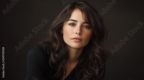 professional studio portrait of a beautiful young brunette woman with long wavy hair wearing black clothing against a dark textured background