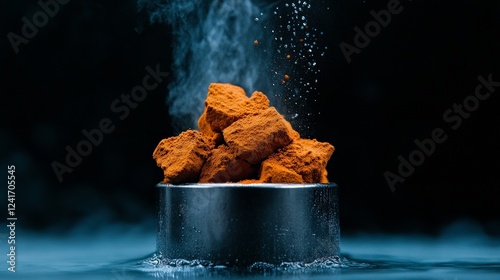 Steaming Chaga Chunks: Raw chaga mushroom pieces, steaming in a metallic bowl, set against a dramatic dark background.  The image evokes a sense of earthy warmth and natural power.