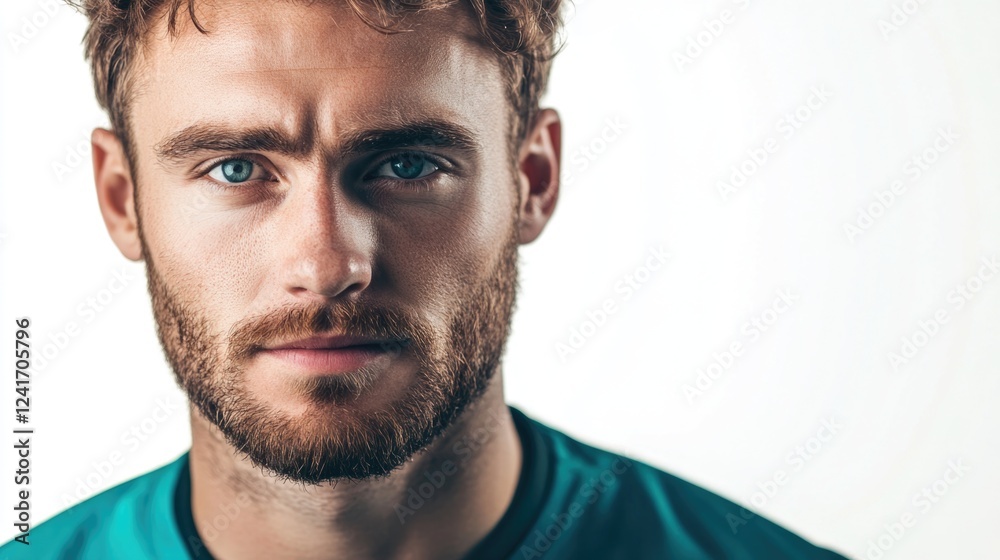 Fototapeta premium Professional Male Soccer Player with Athletic Build Posing Against White Background in Teal Sportswear Representing Active Lifestyle and Team Spirit