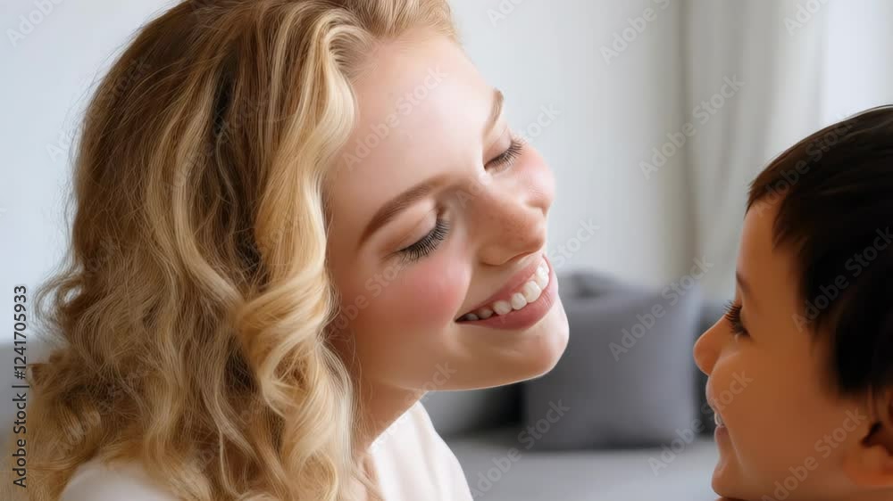 Smiles and laughter shared between a woman and a child during a joyful moment at home Smiles and laughter shared between a woman and a child during a joyful moment at home
