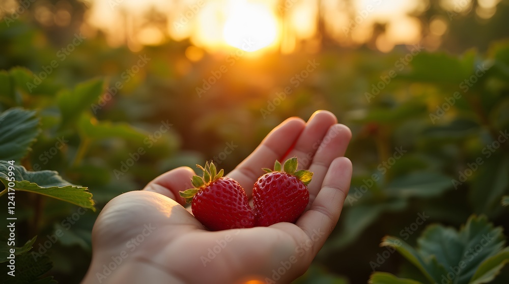 Only a torn strawberries in the hands against the background of the garden and sunset. Only a torn strawberries in the hands against the background of the garden and sunset.