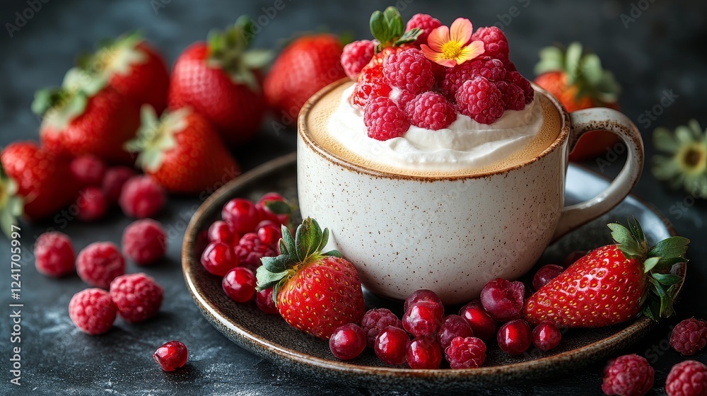 Creamy Berry Coffee Delight - A delicious cup of coffee topped with whipped cream and fresh berries, surrounded by more strawberries and raspberries. Creamy Berry Coffee Delight - A delicious cup of coffee topped with whipped cream and fresh berries, surrounded by more strawberries and raspberries.