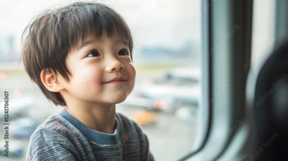 Japanese toddler boy gazing out airport window with joyful expression, watching airplanes on bright day, travel excitement at international terminal. Japanese toddler boy gazing out airport window with joyful expression, watching airplanes on bright day, travel excitement at international terminal.