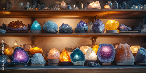 Colorful crystals displayed on wooden shelves in a well-lit shop showcasing a variety of shapes and sizes