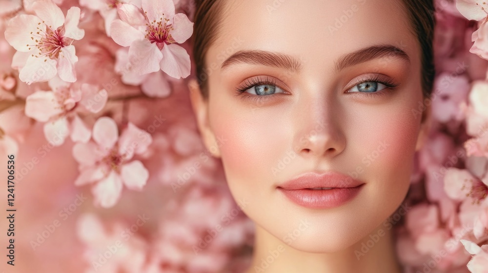 Close-up portrait of a confident young woman surrounded by soft pink cherry blossom flowers, showcasing her natural beauty and radiant skin. Close-up portrait of a confident young woman surrounded by soft pink cherry blossom flowers, showcasing her natural beauty and radiant skin.