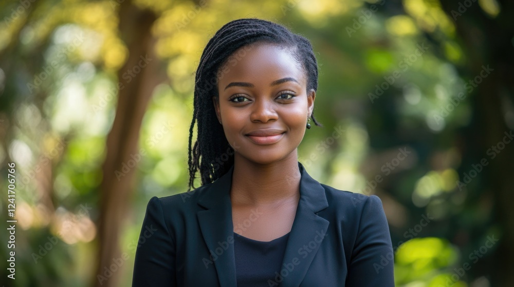 Professional portrait of young African woman in business attire, confidently standing outdoors in vibrant green nature, showcasing poise and professionalism. Professional portrait of young African woman in business attire, confidently standing outdoors in vibrant green nature, showcasing poise and professionalism.
