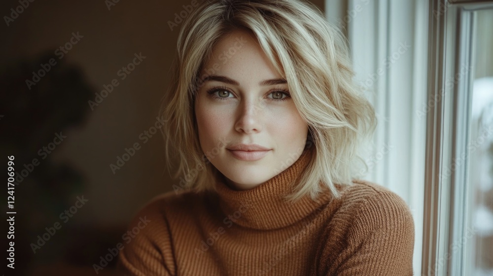 Fototapeta premium Portrait of serene young woman with blond hair in cozy turtleneck sweater, relaxing by a bright window in home interior featuring warm tones
