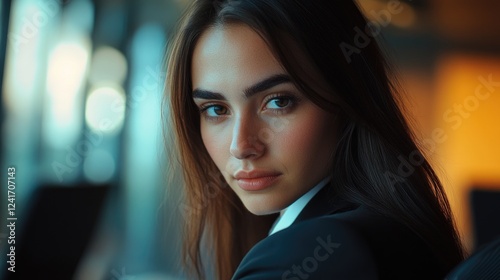 Wallpaper Mural Concentrated young businesswoman with long dark hair, wearing black suit, gazing thoughtfully in modern meeting room with blurred background light reflections. Torontodigital.ca