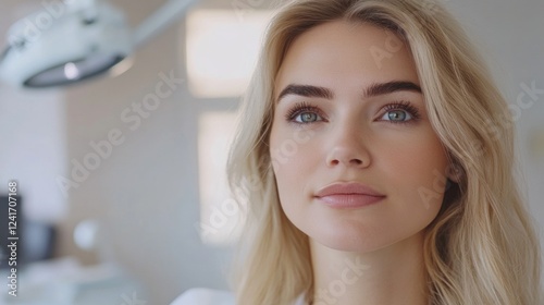 Blonde young woman patient in a bright medical office, preparing for cosmetic treatment with botulinum toxin injections and hyaluronic acid fillers.