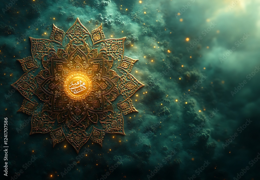 Obraz premium Intricate Golden Mandala on a Mystical Teal Background with a Luminous Center