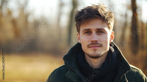 Attractive young man in green jacket with scarf, outdoors in soft sunlight, surrounded by blurred trees, exuding warmth and confidence.