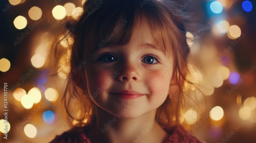 Joyful smiling girl with brown hair and blue eyes wearing pink sweater in front of warm blurred Christmas lights celebrating New Year. Joyful smiling girl with brown hair and blue eyes wearing pink sweater in front of warm blurred Christmas lights celebrating New Year.