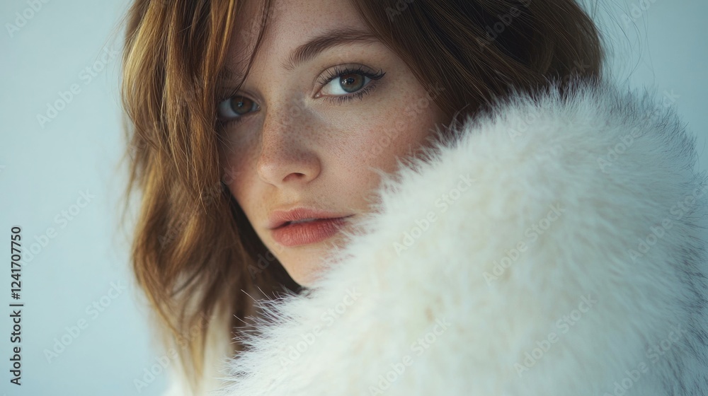 Candid close-up portrait of a young adult Caucasian woman with wavy chestnut hair, adorned in a luxurious white fur coat, capturing a captivating gaze against a muted backdrop. Candid close-up portrait of a young adult Caucasian woman with wavy chestnut hair, adorned in a luxurious white fur coat, capturing a captivating gaze against a muted backdrop.
