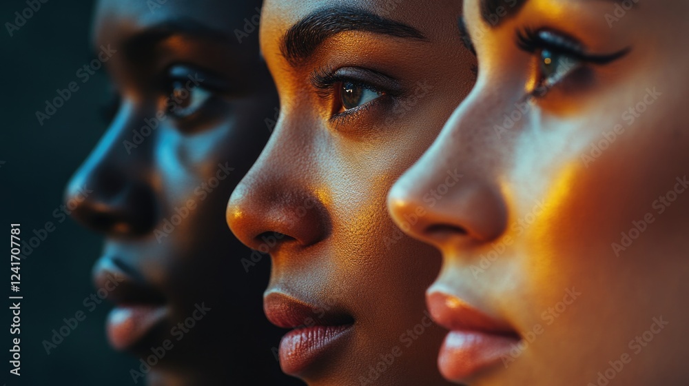 Diversity in Skin Tones with Profile Views of Multiethnic Women Highlighting Varied Ethnic Features and Warm Natural Lighting Diversity in Skin Tones with Profile Views of Multiethnic Women Highlighting Varied Ethnic Features and Warm Natural Lighting