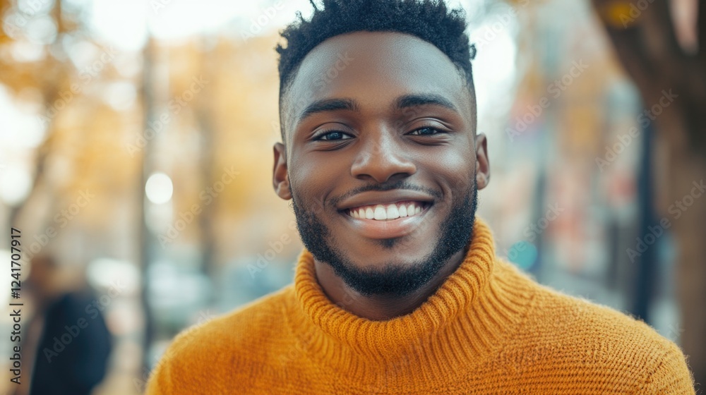 Joyful young man with a broad smile wearing a trendy orange sweater in a vibrant autumn park setting showcasing yellow and orange foliage. Joyful young man with a broad smile wearing a trendy orange sweater in a vibrant autumn park setting showcasing yellow and orange foliage.