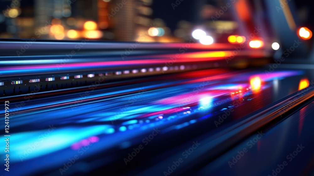 Colorful Night Lights Reflecting on a Smooth Surface in Urban Setting