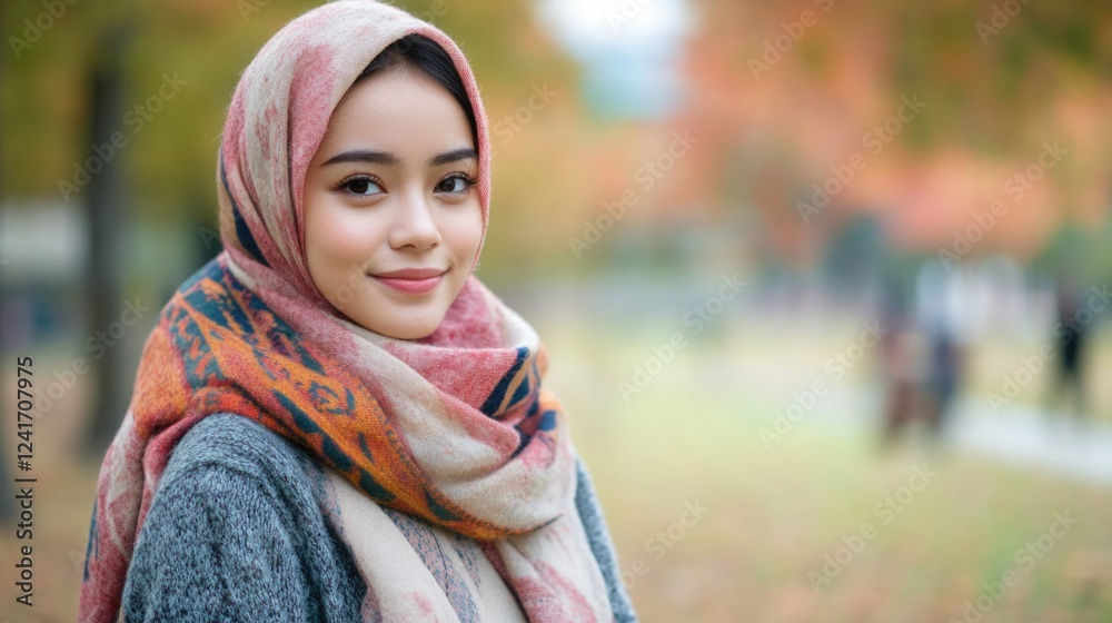 candid portrait of young Asian woman wearing patterned scarf smiling in autumn park with colorful foliage and blurred background of people walking candid portrait of young Asian woman wearing patterned scarf smiling in autumn park with colorful foliage and blurred background of people walking