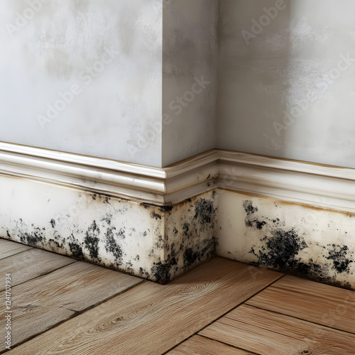Mold growth at the base of a wall in a domestic interior during a daylight setting