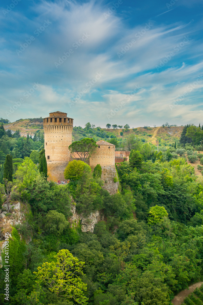 Obraz premium Brisighella, Ravenna, Emilia-Romagna, Italy, Ravenna, Emilia-Romagna, Italy. Beautiful panoramic aerial view of the medieval city and Manfredian fortress with clock tower. Famous symbols