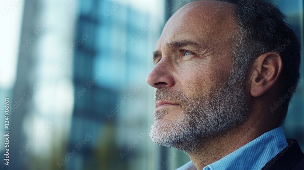 Thoughtful middle-aged businessman with beard in blue shirt gazing thoughtfully away against contemporary glass building in urban setting. Thoughtful middle-aged businessman with beard in blue shirt gazing thoughtfully away against contemporary glass building in urban setting.