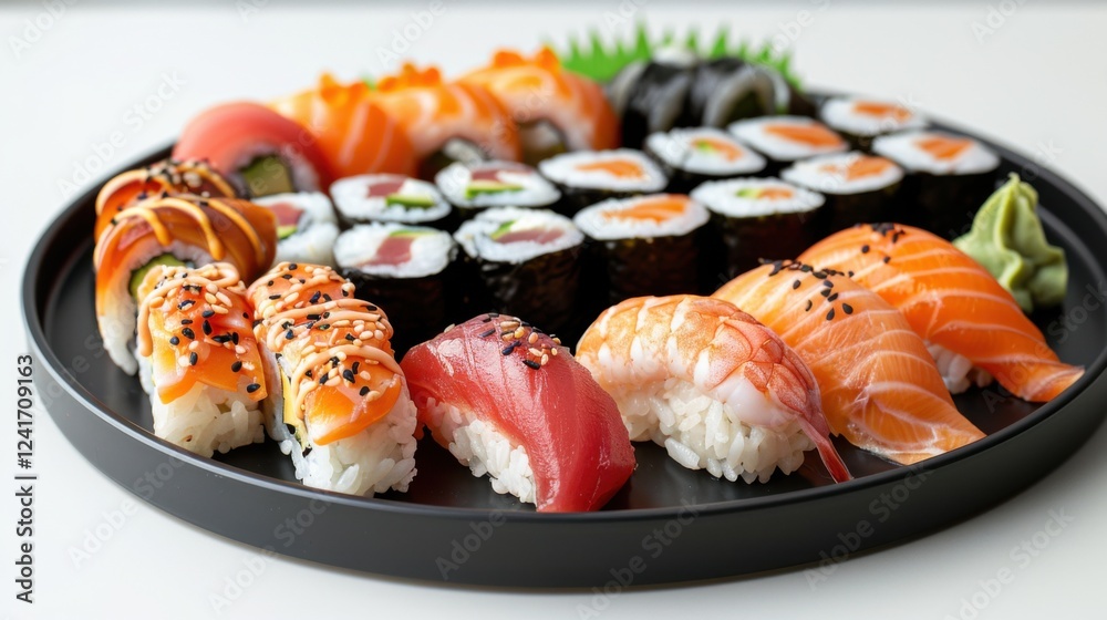 Detailed close-up of sushi varieties like dragon rolls, spicy tuna, and cucumber maki on a glossy black plate, set against a bright white background Detailed close-up of sushi varieties like dragon rolls, spicy tuna, and cucumber maki on a glossy black plate, set against a bright white background