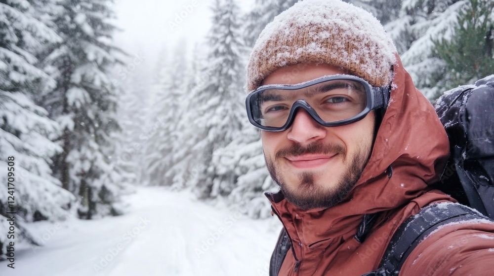 Fototapeta premium Adventure-seeking man wearing a brown jacket and goggles smiles at the camera amid snow-covered fir trees under a bright blue sky in winter mountains