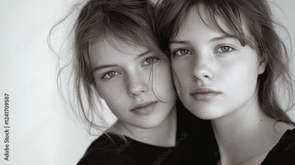 Intimate black and white portrait of two teenage girls with light skin and tousled hair closely embracing each other against a soft white background. Intimate black and white portrait of two teenage girls with light skin and tousled hair closely embracing each other against a soft white background.