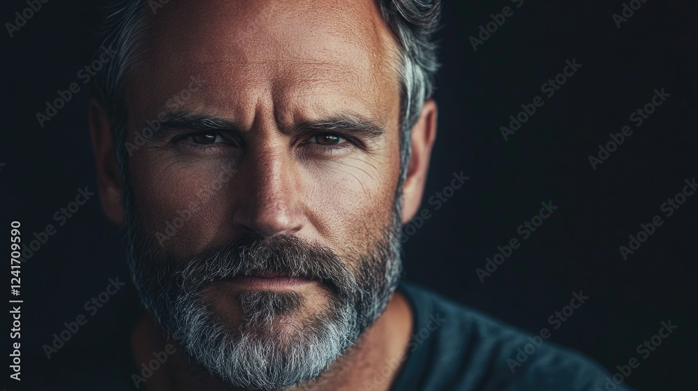 Handsome middle-aged man with unshaven beard and gray hair, close-up portrait against dark background, showcasing rugged features and deep expression Handsome middle-aged man with unshaven beard and gray hair, close-up portrait against dark background, showcasing rugged features and deep expression