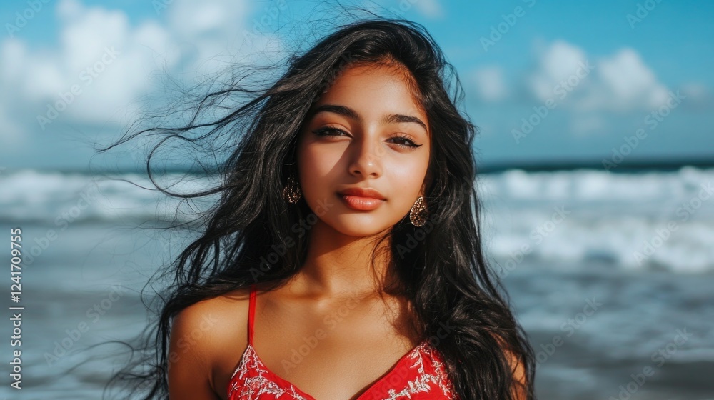 Young Indian girl with long black hair wearing a vibrant red dress standing on a sunny beach with waves and blue sky in summer atmosphere. Young Indian girl with long black hair wearing a vibrant red dress standing on a sunny beach with waves and blue sky in summer atmosphere.