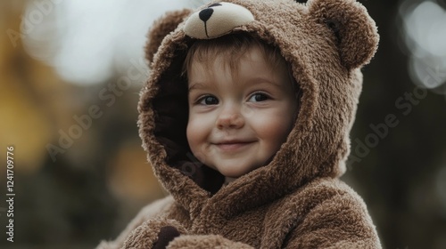 Adorable toddler in a brown bear costume with a joyful smile, surrounded by warm autumn colors in an outdoor setting, capturing childhood innocence and playfulness. photo