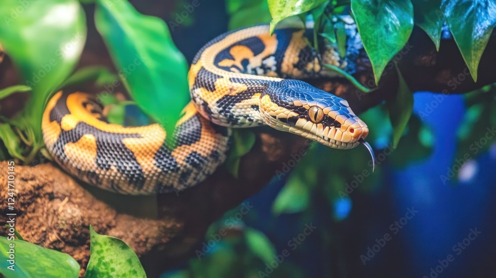 A colorful snake resting on a branch surrounded by lush green foliage in a vibrant habitat A colorful snake resting on a branch surrounded by lush green foliage in a vibrant habitat