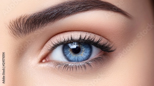 Close-up of a woman's captivating blue eye with long lashes and well-groomed eyebrows on a soft beige background highlighting beauty and detail. photo