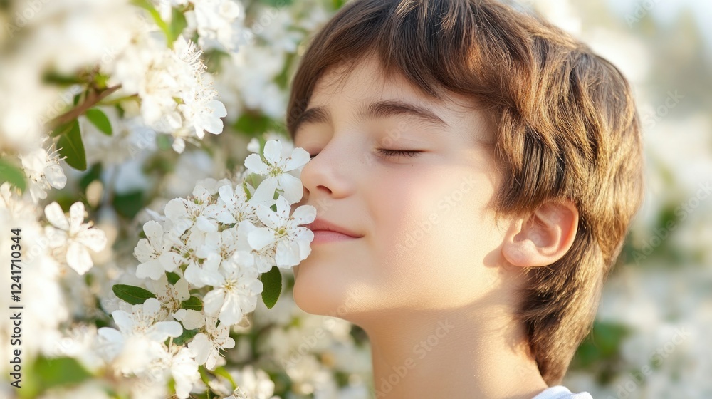 Happy child with closed eyes enjoying fragrant white blossoms in a sunlit park, capturing the essence of childhood joy and nature's beauty. Happy child with closed eyes enjoying fragrant white blossoms in a sunlit park, capturing the essence of childhood joy and nature's beauty.