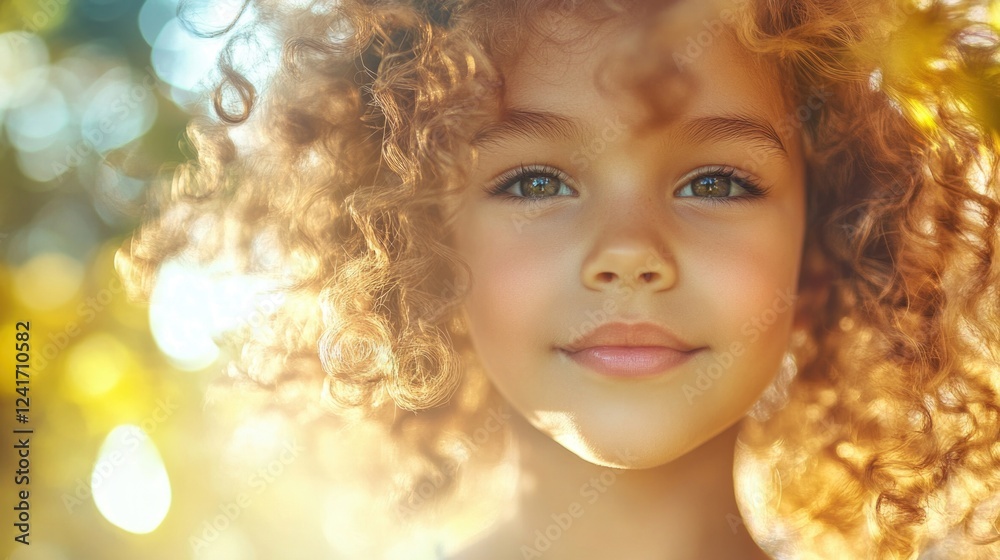 Bright and cheerful close-up portrait of a joyful child with curly hair in soft natural sunlight, surrounded by warm bokeh effect in the background. Bright and cheerful close-up portrait of a joyful child with curly hair in soft natural sunlight, surrounded by warm bokeh effect in the background.