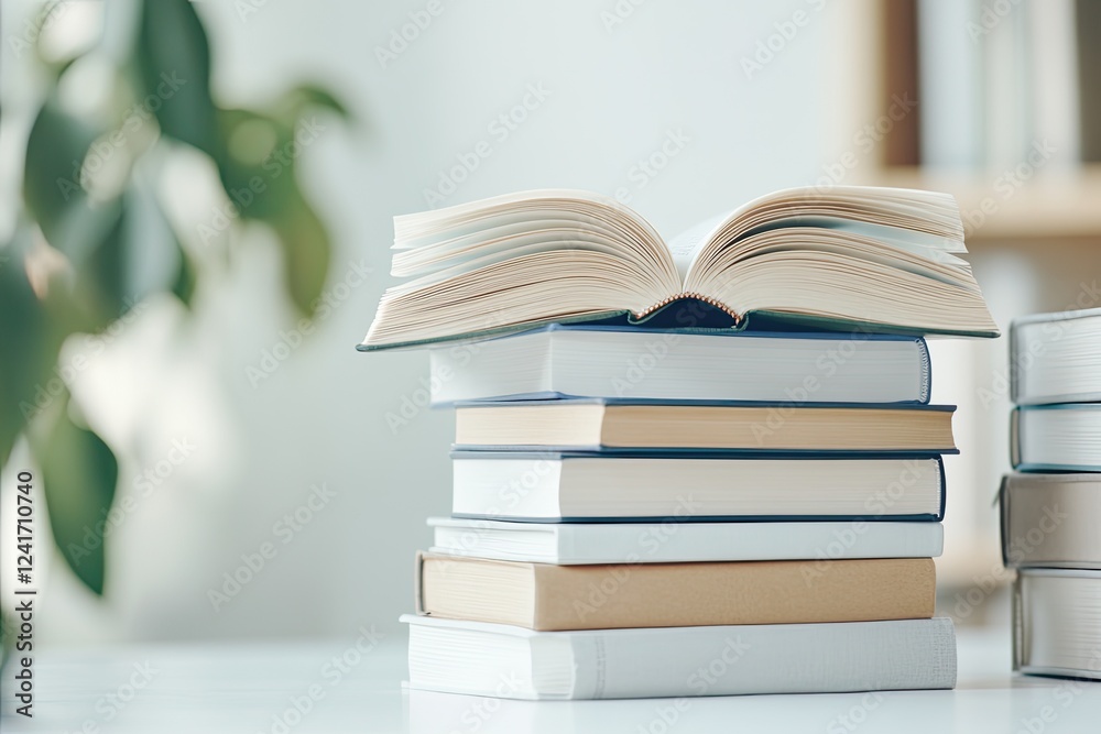 stack of diverse books piled high in sunlit room with open book on top and ample copy space stack of diverse books piled high in sunlit room with open book on top and ample copy space